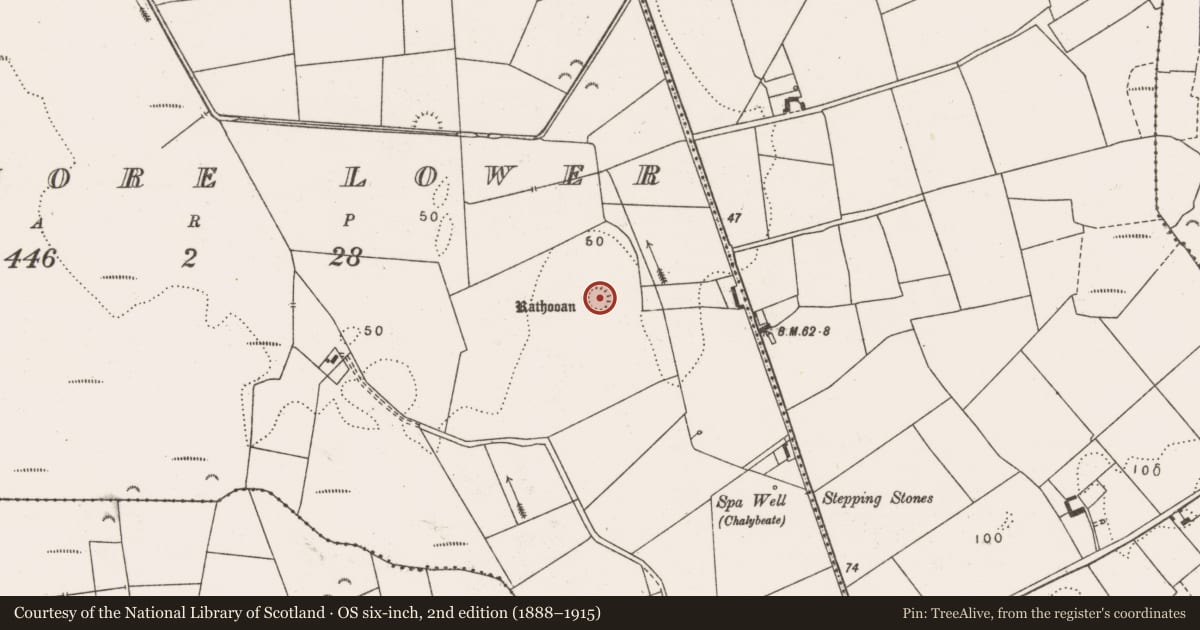 Ordnance Survey six-inch map, 2nd edition (1888–1915) covering the location of Ringfort - rath, Moanmore Lower, County Clare, with a pin at the register's coordinates