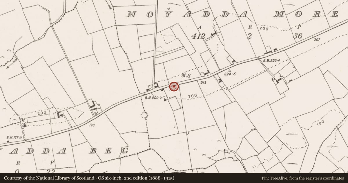 Ordnance Survey six-inch map, 2nd edition (1888–1915) covering the location of Ringfort - rath, Moyadda More, County Clare, with a pin at the register's coordinates