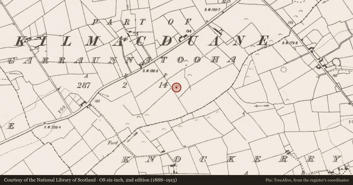 Ordnance Survey six-inch map, 2nd edition (1888–1915) covering the location of Ringfort - rath, Garraunnatooha, County Clare, with a pin at the register's coordinates
