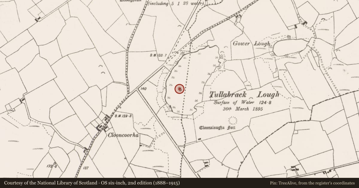 Ordnance Survey six-inch map, 2nd edition (1888–1915) covering the location of Crannog, Tullabrack East, County Clare, with a pin at the register's coordinates
