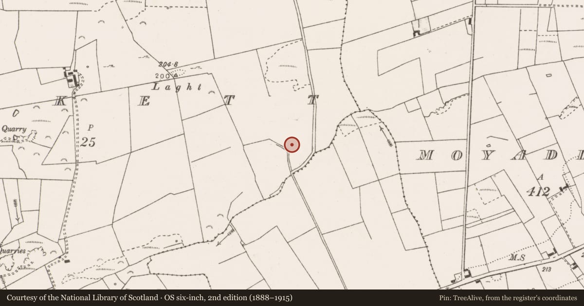 Ordnance Survey six-inch map, 2nd edition (1888–1915) covering the location of Enclosure, Ballykett, County Clare, with a pin at the register's coordinates