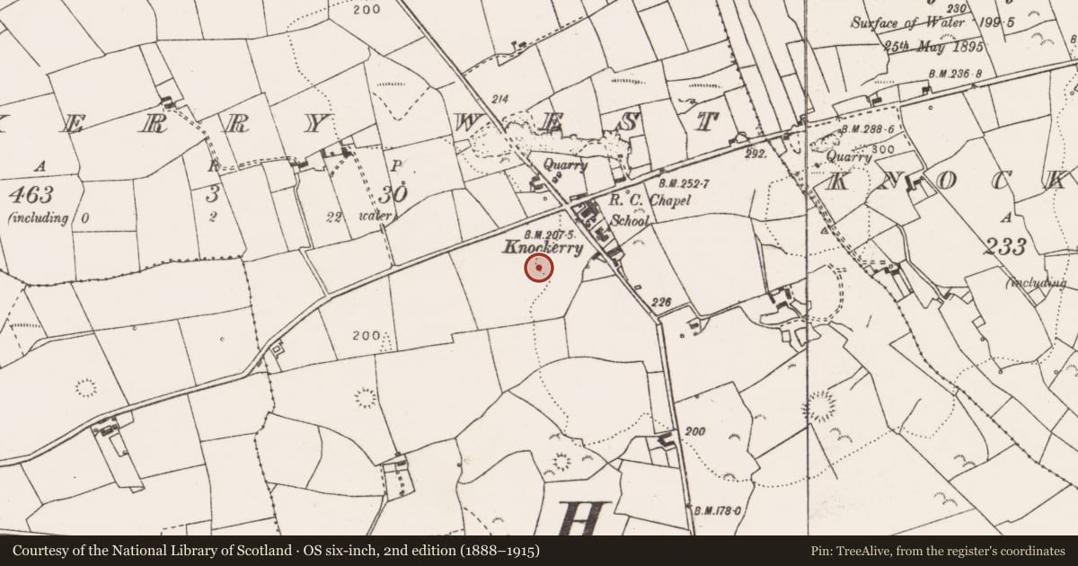 Ordnance Survey six-inch map, 2nd edition (1888–1915) covering the location of Fulacht fia, Knockerry West, County Clare, with a pin at the register's coordinates