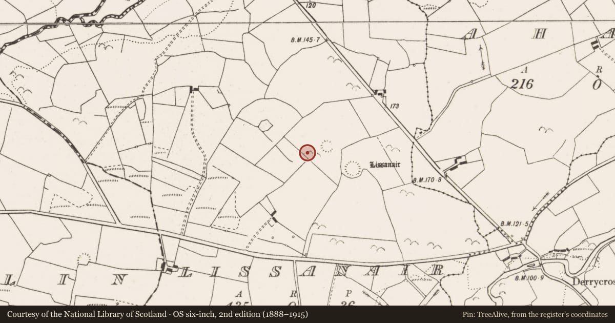 Ordnance Survey six-inch map, 2nd edition (1888–1915) covering the location of Fulacht fia, Lissanair, County Clare, with a pin at the register's coordinates