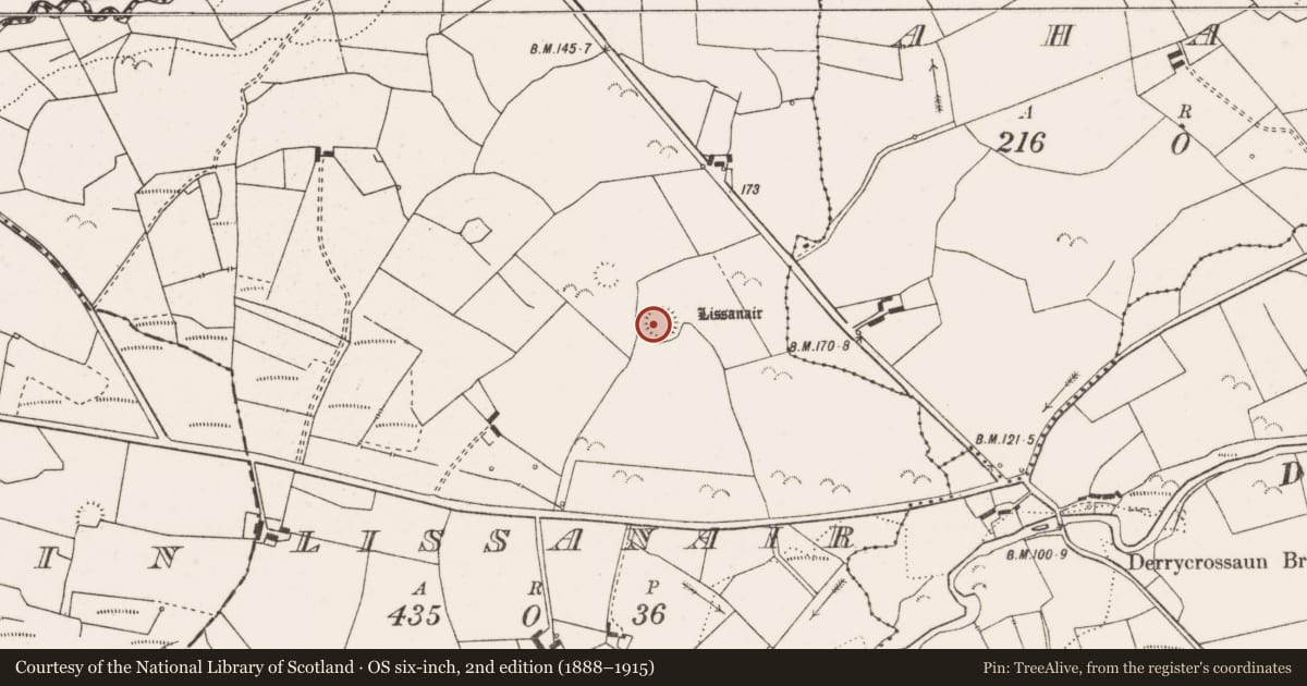 Ordnance Survey six-inch map, 2nd edition (1888–1915) covering the location of Ringfort - rath, Lissanair, County Clare, with a pin at the register's coordinates