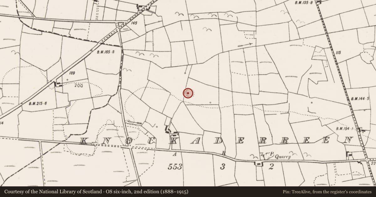Ordnance Survey six-inch map, 2nd edition (1888–1915) covering the location of Ringfort - rath, Knockaderreen, County Clare, with a pin at the register's coordinates