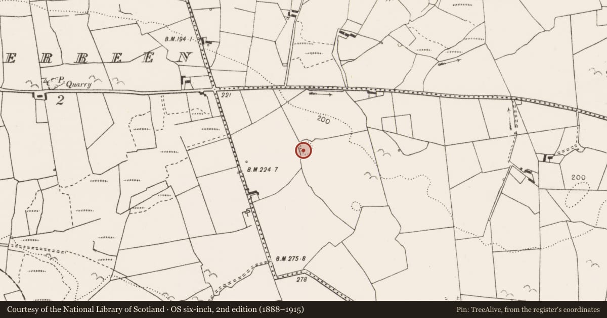 Ordnance Survey six-inch map, 2nd edition (1888–1915) covering the location of Ringfort - rath, Tullycreen Lower, County Clare, with a pin at the register's coordinates