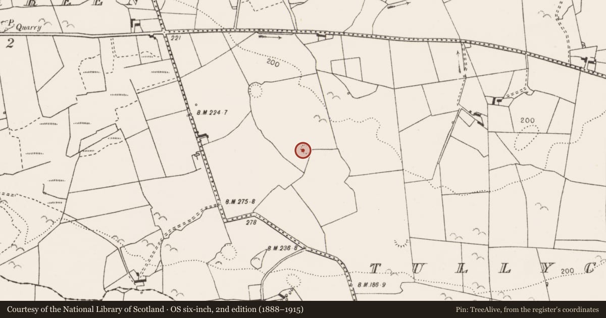 Ordnance Survey six-inch map, 2nd edition (1888–1915) covering the location of Ringfort - rath, Tullycreen Lower, County Clare, with a pin at the register's coordinates