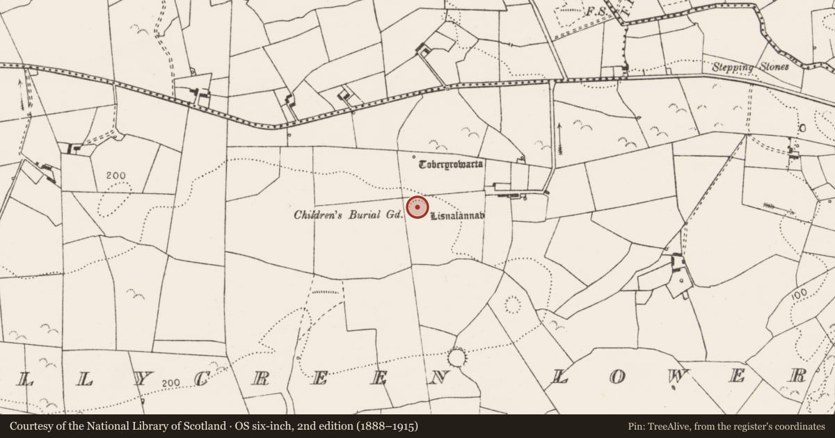 Ordnance Survey six-inch map, 2nd edition (1888–1915) covering the location of Ringfort - rath, Tullycreen Lower, County Clare, with a pin at the register's coordinates