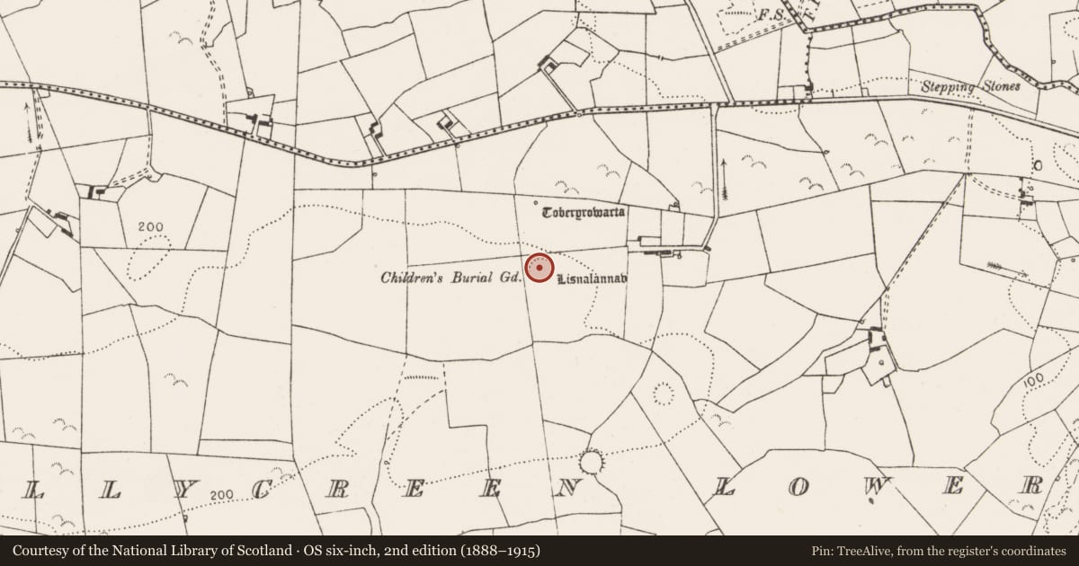 Ordnance Survey six-inch map, 2nd edition (1888–1915) covering the location of Children's burial ground, Tullycreen Lower, County Clare, with a pin at the register's coordinates