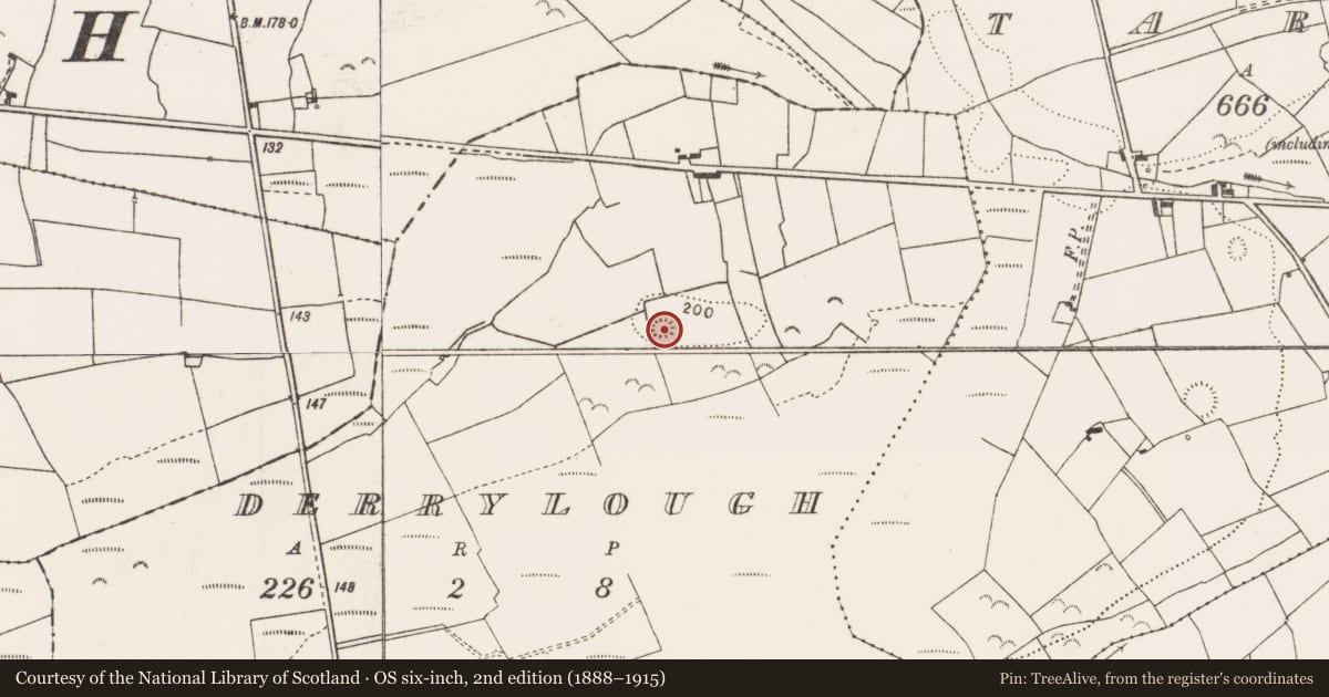 Ordnance Survey six-inch map, 2nd edition (1888–1915) covering the location of Ringfort - rath, Derrylough, County Clare, with a pin at the register's coordinates