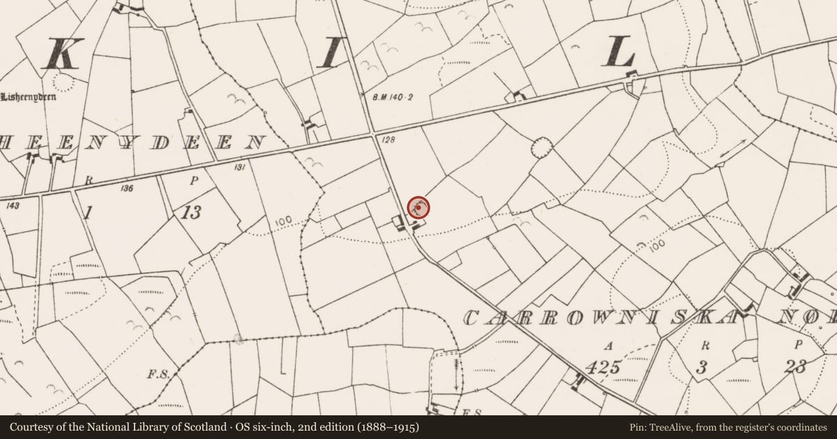 Ordnance Survey six-inch map, 2nd edition (1888–1915) covering the location of Ringfort - rath, Carrowniska North, County Clare, with a pin at the register's coordinates