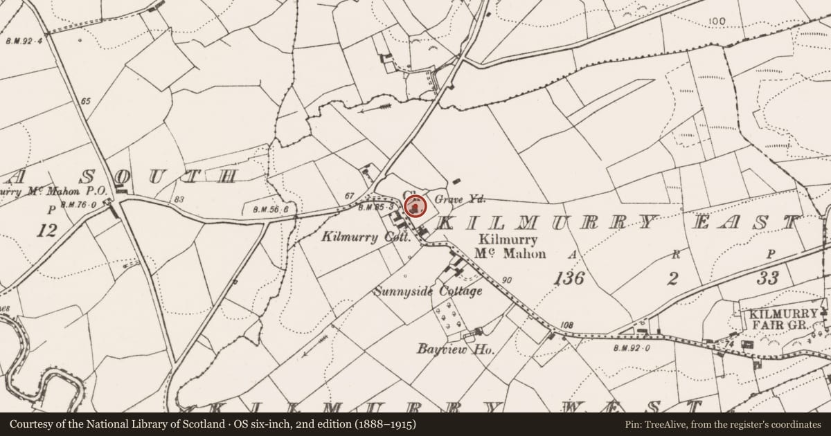 Ordnance Survey six-inch map, 2nd edition (1888–1915) covering the location of Church, Kilmurry East, County Clare, with a pin at the register's coordinates
