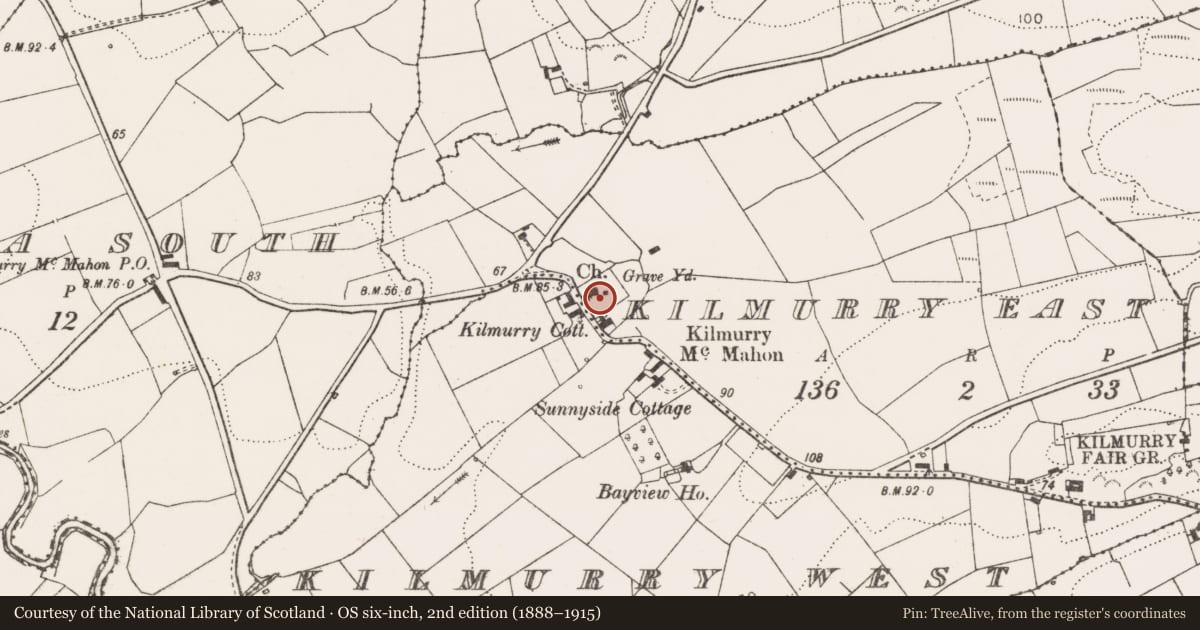 Ordnance Survey six-inch map, 2nd edition (1888–1915) covering the location of Graveyard, Kilmurry East, County Clare, with a pin at the register's coordinates
