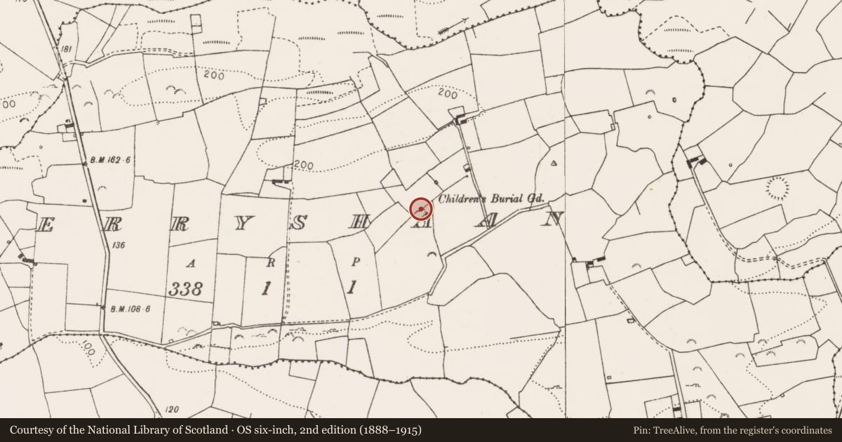 Ordnance Survey six-inch map, 2nd edition (1888–1915) covering the location of Children's burial ground, Derryshaan, County Clare, with a pin at the register's coordinates