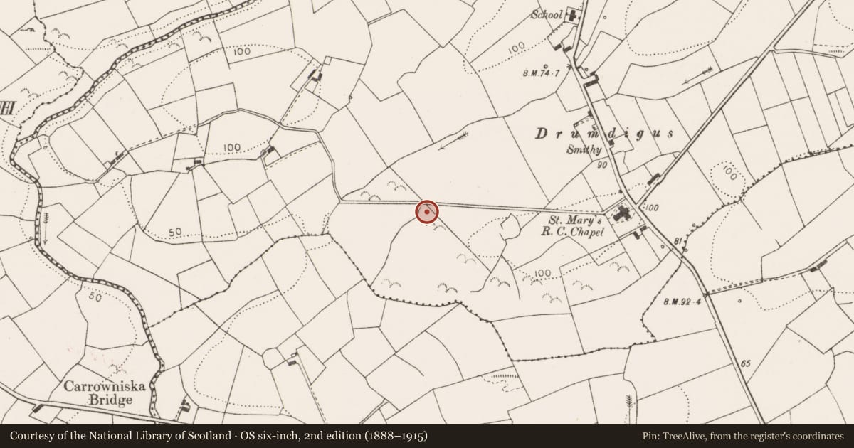 Ordnance Survey six-inch map, 2nd edition (1888–1915) covering the location of Enclosure, Drumdigus, County Clare, with a pin at the register's coordinates