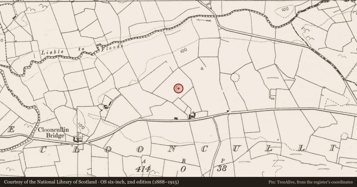 Ordnance Survey six-inch map, 2nd edition (1888–1915) covering the location of Ringfort - rath, Clooncullin, County Clare, with a pin at the register's coordinates
