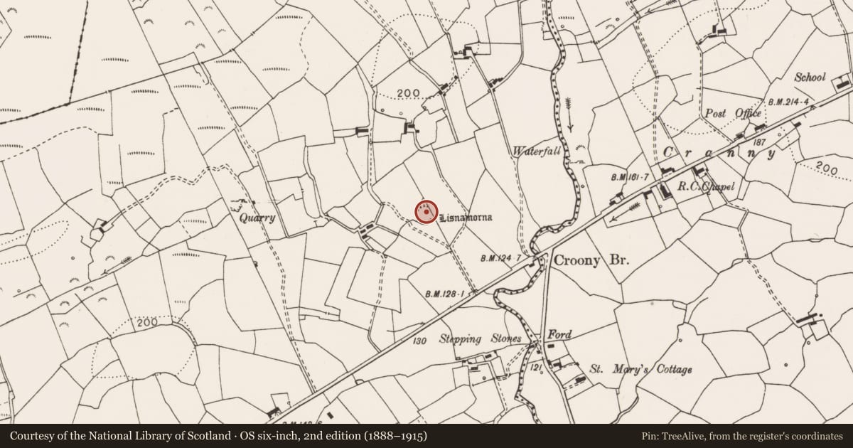 Ordnance Survey six-inch map, 2nd edition (1888–1915) covering the location of Ringfort - rath, Carrowreagh West, County Clare, with a pin at the register's coordinates