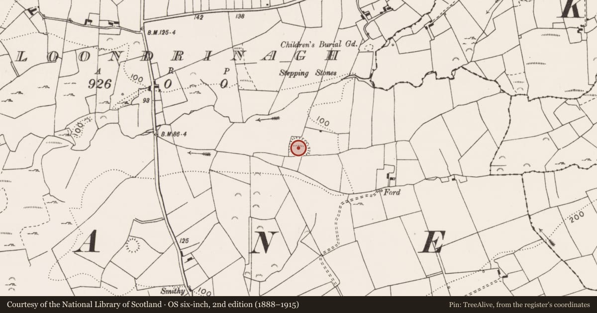 Ordnance Survey six-inch map, 2nd edition (1888–1915) covering the location of Enclosure, Cloondrinagh, County Clare, with a pin at the register's coordinates