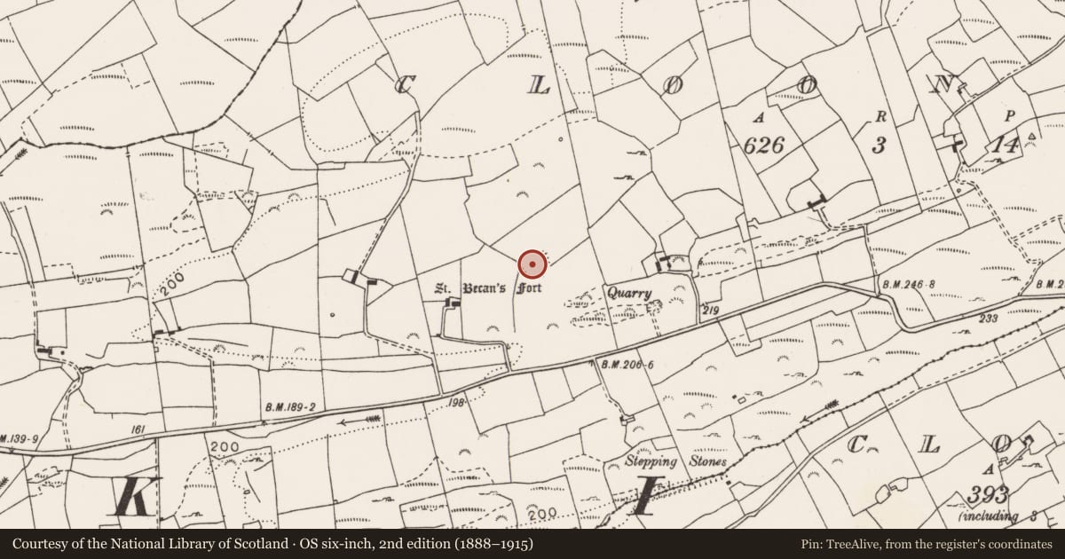 Ordnance Survey six-inch map, 2nd edition (1888–1915) covering the location of Earthwork, Cloonkett, County Clare, with a pin at the register's coordinates