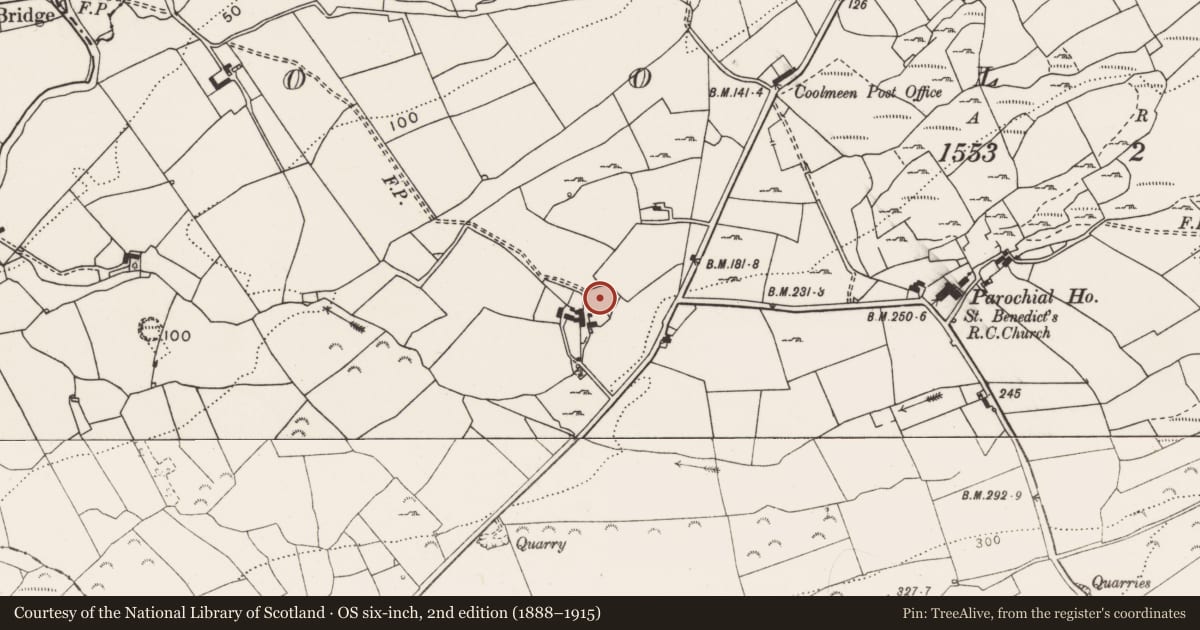 Ordnance Survey six-inch map, 2nd edition (1888–1915) covering the location of Enclosure, Coolmeen, County Clare, with a pin at the register's coordinates