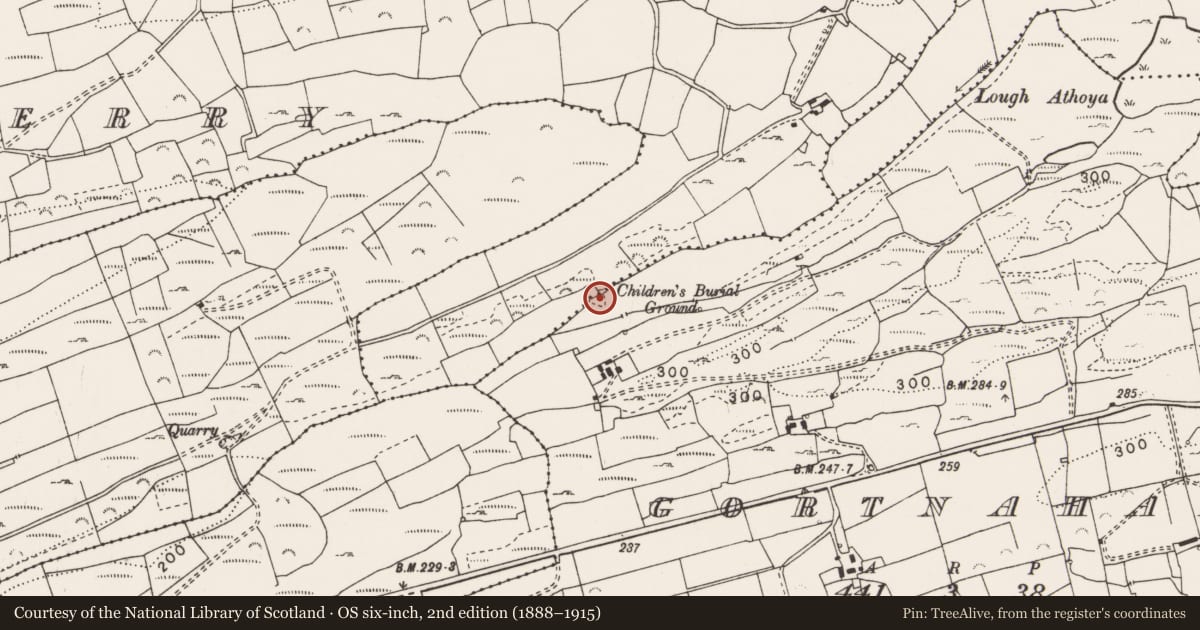 Ordnance Survey six-inch map, 2nd edition (1888–1915) covering the location of Children's burial ground, Gortnahaha, County Clare, with a pin at the register's coordinates