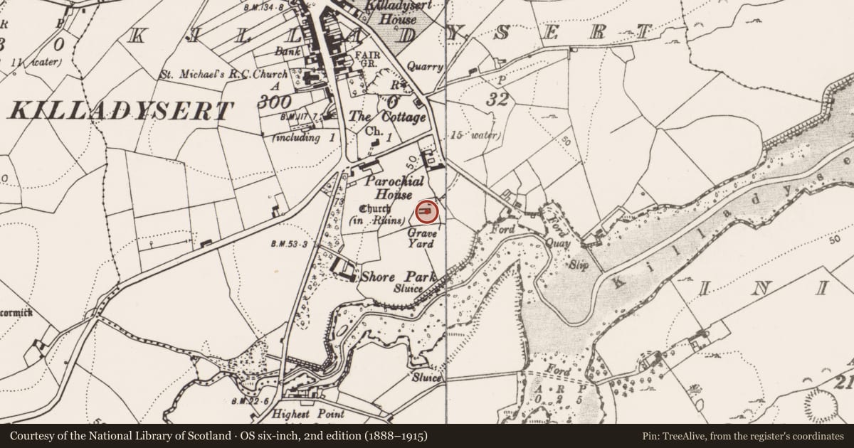 Ordnance Survey six-inch map, 2nd edition (1888–1915) covering the location of Church, Killadysert, County Clare, with a pin at the register's coordinates