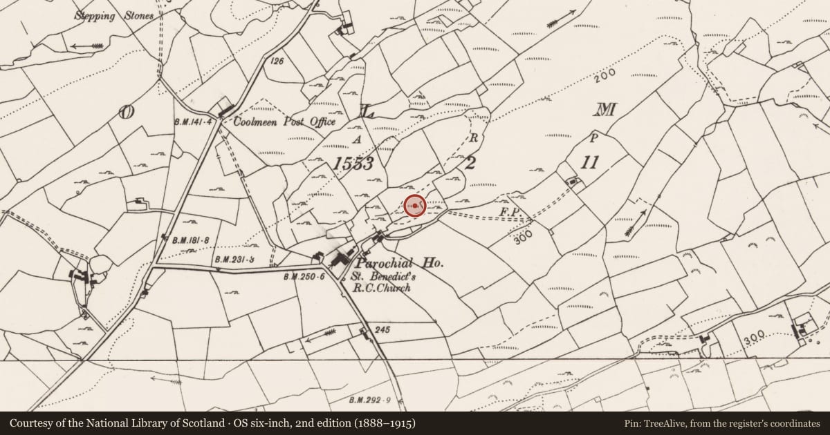 Ordnance Survey six-inch map, 2nd edition (1888–1915) covering the location of Ritual site - holy/saint's stone, Coolmeen, County Clare, with a pin at the register's coordinates