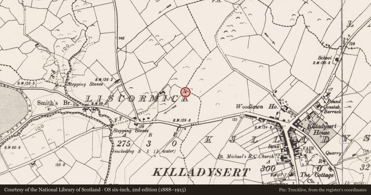 Ordnance Survey six-inch map, 2nd edition (1888–1915) covering the location of Fulacht fia, Killadysert, Liscormick, County Clare, with a pin at the register's coordinates