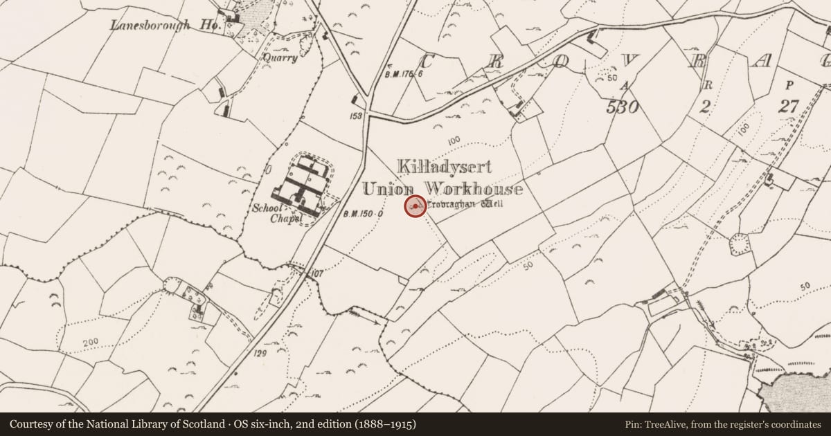 Ordnance Survey six-inch map, 2nd edition (1888–1915) covering the location of Ritual site - holy well, Crovraghan, County Clare, with a pin at the register's coordinates