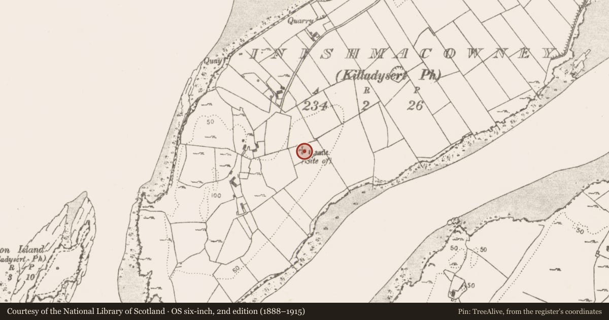 Ordnance Survey six-inch map, 2nd edition (1888–1915) covering the location of Ringfort - rath, Inishmacowney, County Clare, with a pin at the register's coordinates