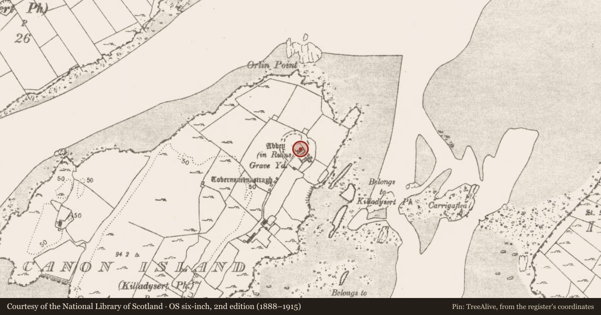Ordnance Survey six-inch map, 2nd edition (1888–1915) covering the location of Ecclesiastical enclosure, Canon Island, County Clare, with a pin at the register's coordinates
