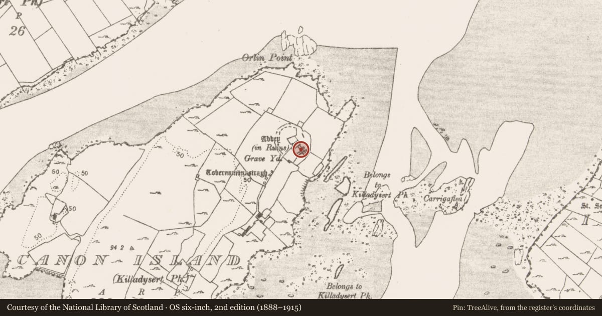 Ordnance Survey six-inch map, 2nd edition (1888–1915) covering the location of Religious house - Augustinian canons, Canon Island, County Clare, with a pin at the register's coordinates