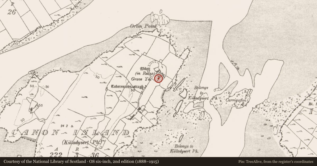 Ordnance Survey six-inch map, 2nd edition (1888–1915) covering the location of Graveyard, Canon Island, County Clare, with a pin at the register's coordinates