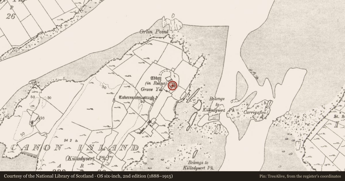 Ordnance Survey six-inch map, 2nd edition (1888–1915) covering the location of Font, Canon Island, County Clare, with a pin at the register's coordinates