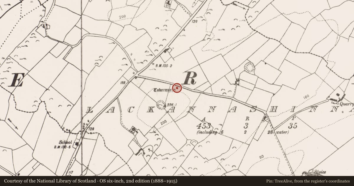 Ordnance Survey six-inch map, 2nd edition (1888–1915) covering the location of Ritual site - holy well, Lackannashinnagh, County Clare, with a pin at the register's coordinates