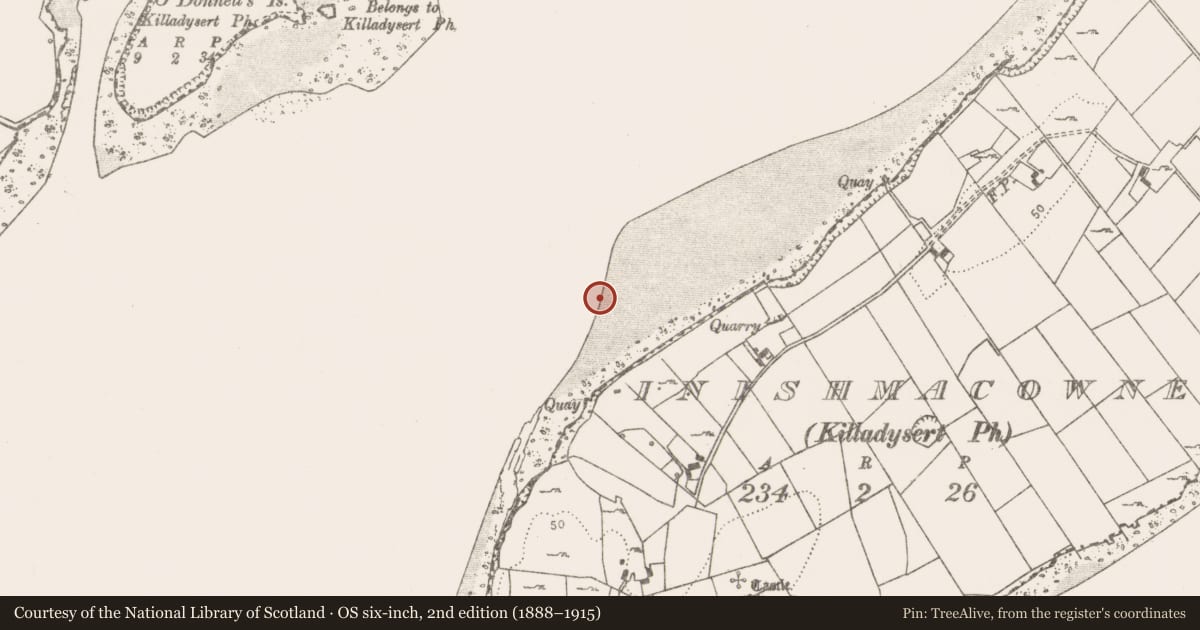 Ordnance Survey six-inch map, 2nd edition (1888–1915) covering the location of Weir - fish, Inishmacowney, County Clare, with a pin at the register's coordinates
