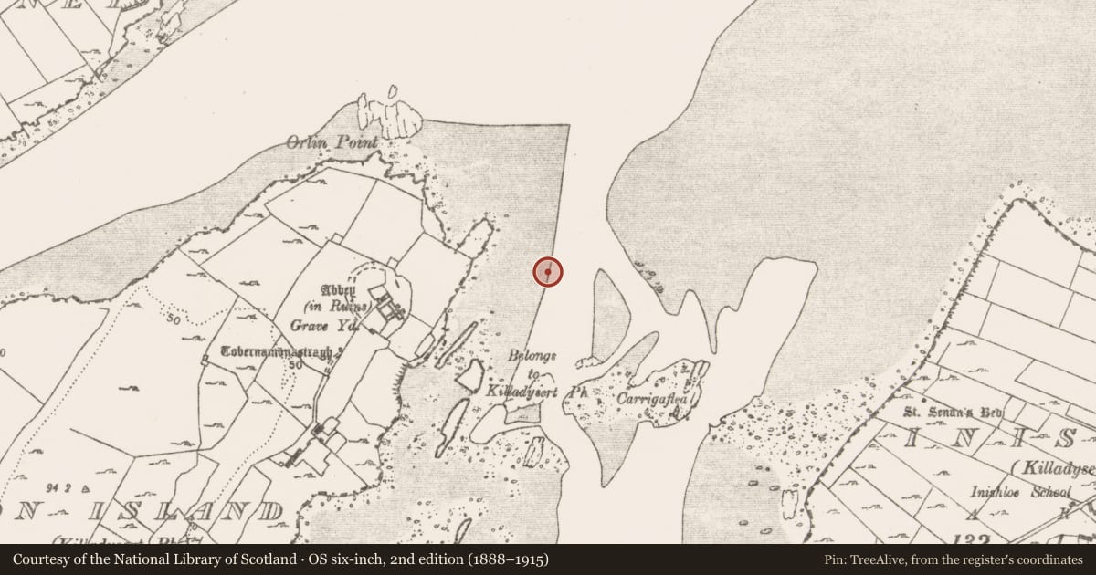 Ordnance Survey six-inch map, 2nd edition (1888–1915) covering the location of Structure, Canon Island, River Fergus, County Clare, with a pin at the register's coordinates