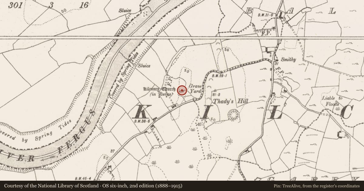 Ordnance Survey six-inch map, 2nd edition (1888–1915) covering the location of Church, Rineanna North, County Clare, with a pin at the register's coordinates