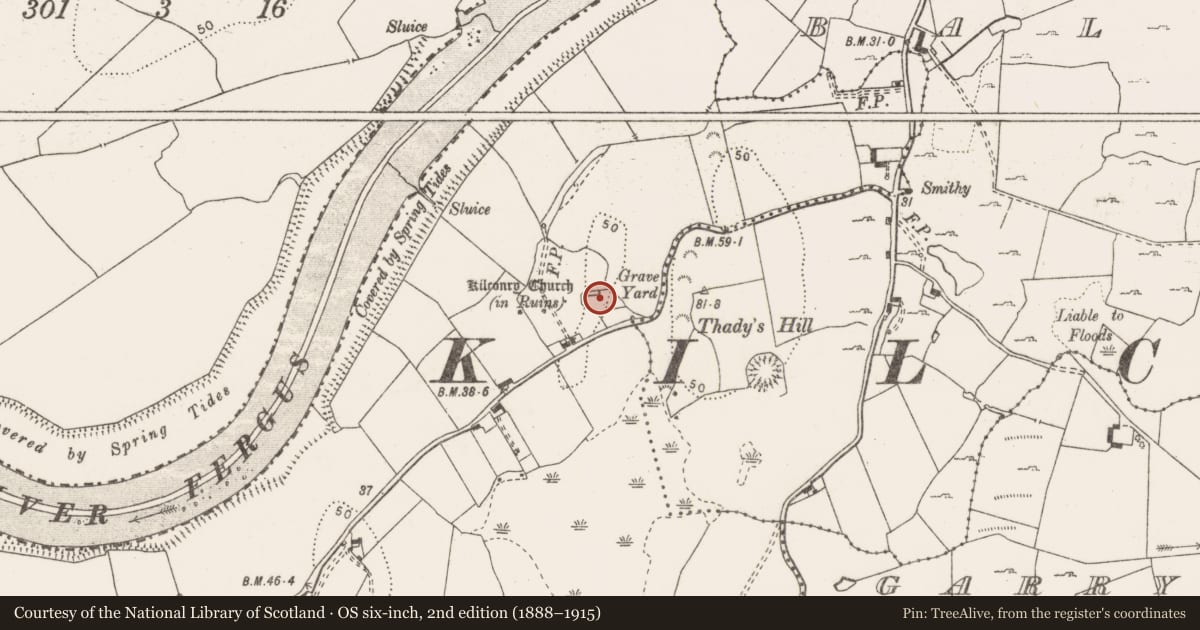Ordnance Survey six-inch map, 2nd edition (1888–1915) covering the location of Graveyard, Rineanna North, County Clare, with a pin at the register's coordinates