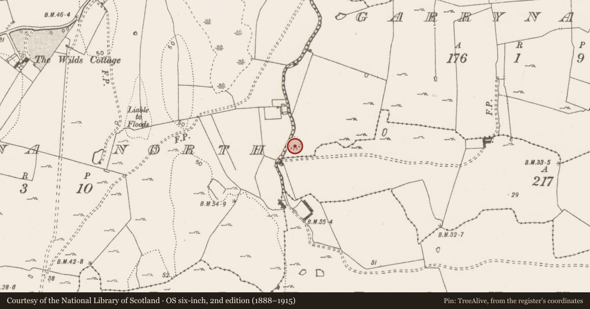Ordnance Survey six-inch map, 2nd edition (1888–1915) covering the location of Hut site, Garrynamona, County Clare, with a pin at the register's coordinates