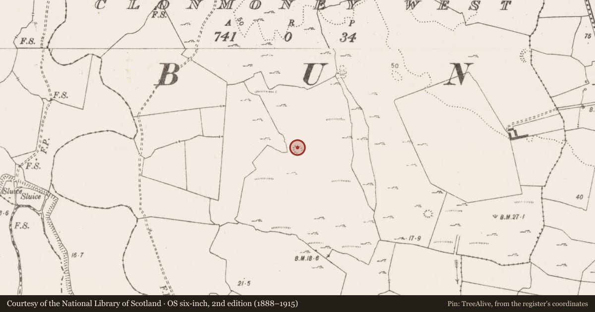 Ordnance Survey six-inch map, 2nd edition (1888–1915) covering the location of Castle - motte and bailey, Clonmoney West, County Clare, with a pin at the register's coordinates
