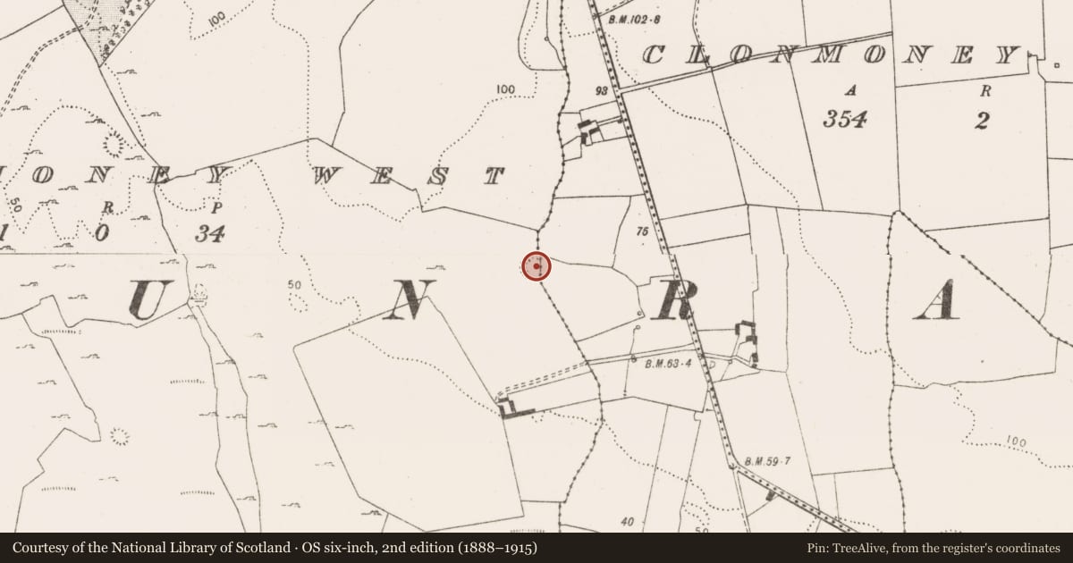 Ordnance Survey six-inch map, 2nd edition (1888–1915) covering the location of Ringfort - unclassified, Clonmoney West, County Clare, with a pin at the register's coordinates