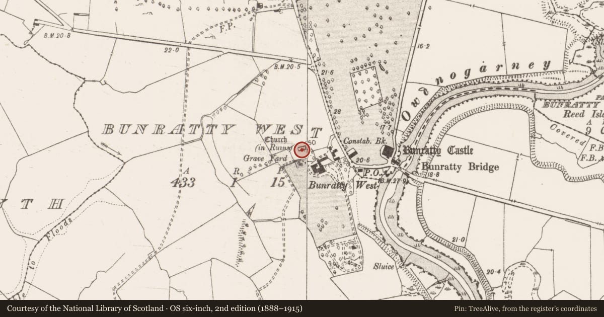 Ordnance Survey six-inch map, 2nd edition (1888–1915) covering the location of Church, Bunratty West, County Clare, with a pin at the register's coordinates