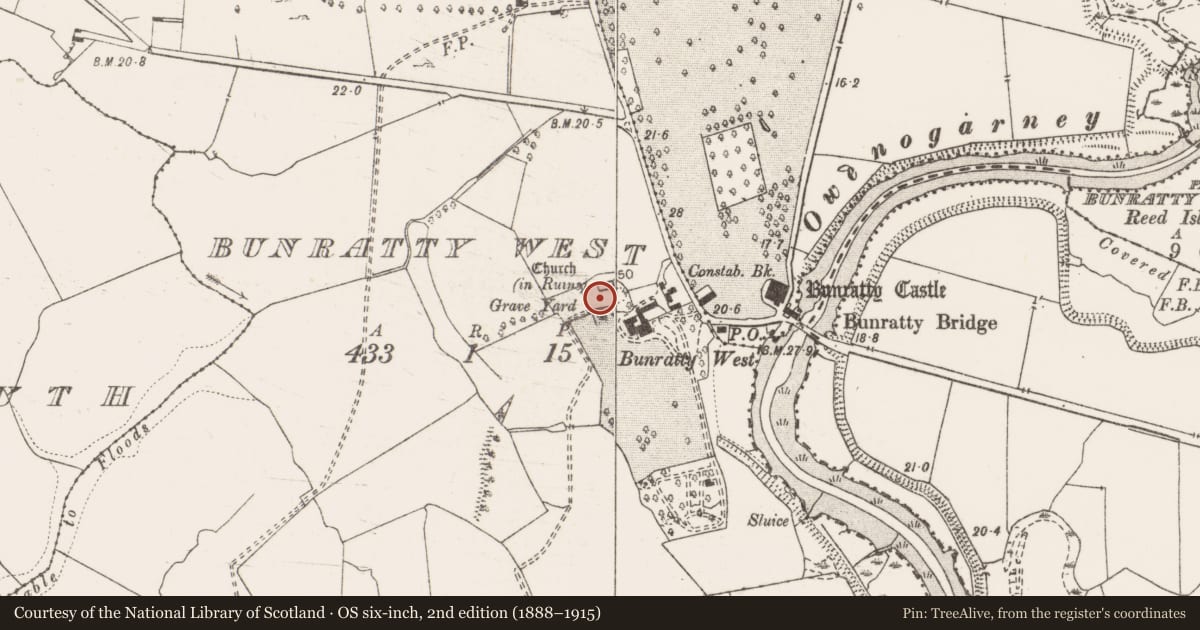 Ordnance Survey six-inch map, 2nd edition (1888–1915) covering the location of Graveyard, Bunratty West, County Clare, with a pin at the register's coordinates