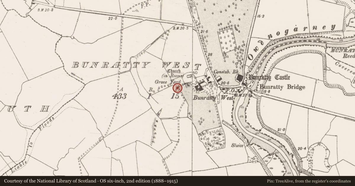 Ordnance Survey six-inch map, 2nd edition (1888–1915) covering the location of Dovecote, Bunratty West, County Clare, with a pin at the register's coordinates