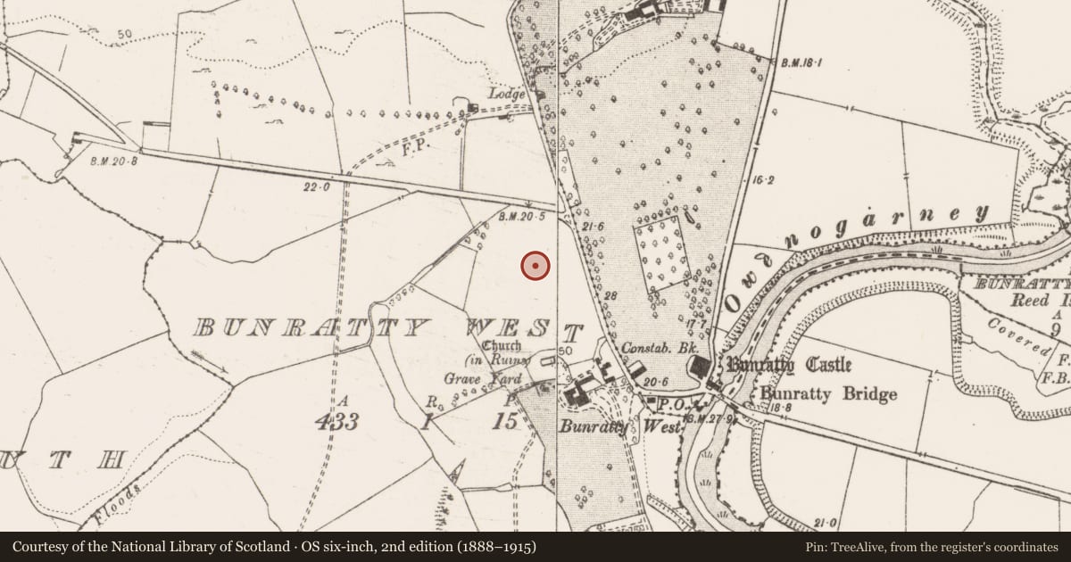 Ordnance Survey six-inch map, 2nd edition (1888–1915) covering the location of Excavation - miscellaneous, Bunratty West, County Clare, with a pin at the register's coordinates