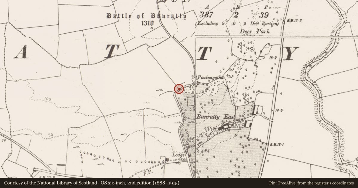Ordnance Survey six-inch map, 2nd edition (1888–1915) covering the location of Battlefield, County Clare, with a pin at the register's coordinates