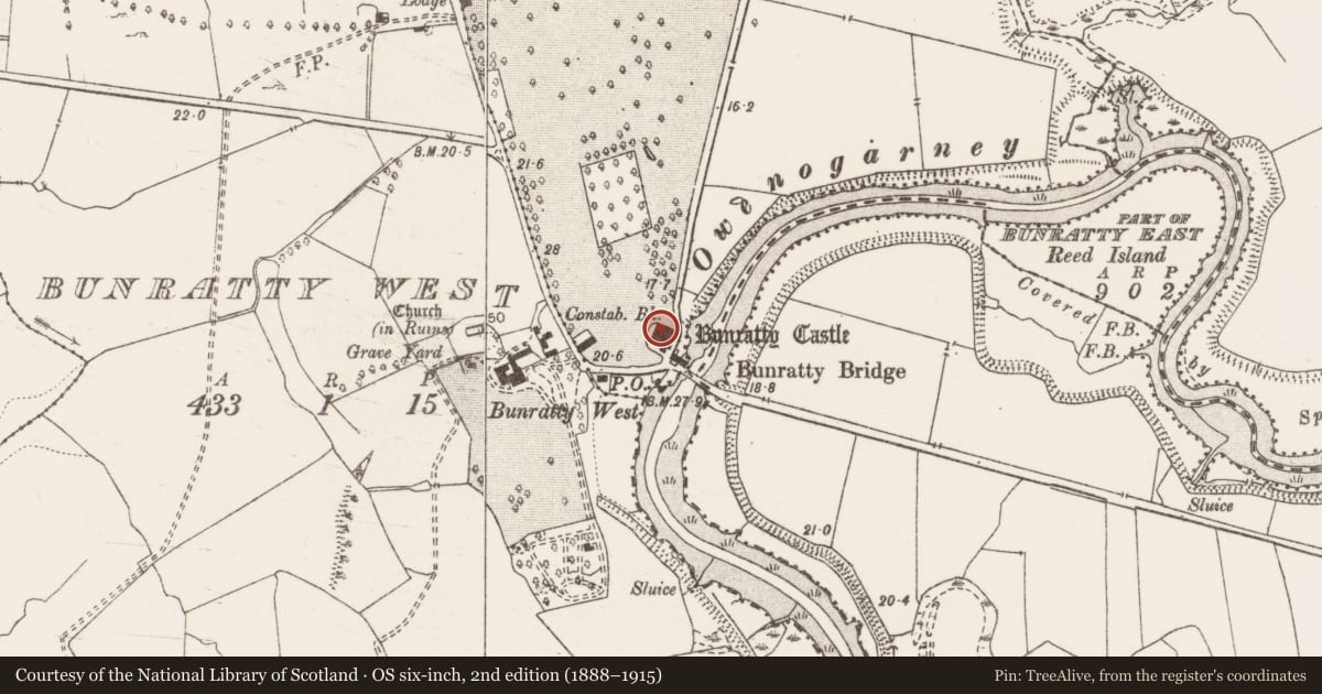 Ordnance Survey six-inch map, 2nd edition (1888–1915) covering the location of Sheela-na-gig, Bunratty East, County Clare, with a pin at the register's coordinates