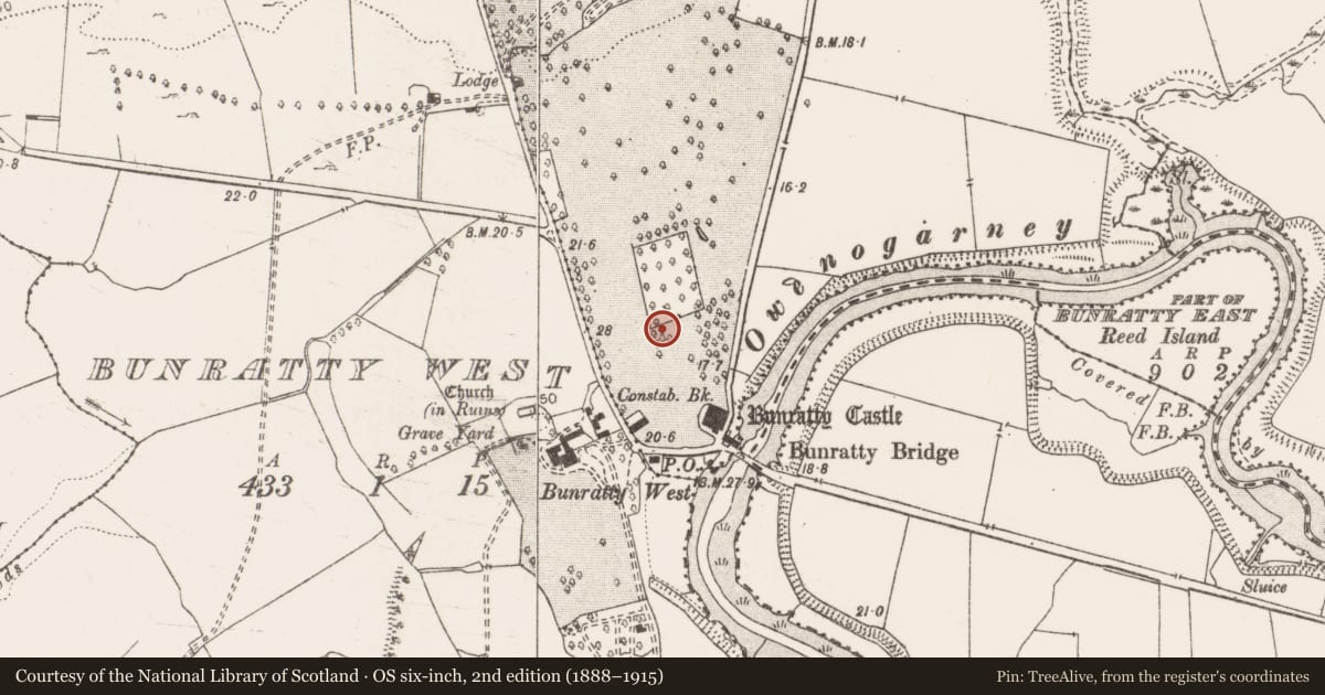 Ordnance Survey six-inch map, 2nd edition (1888–1915) covering the location of Battery, Bunratty East, County Clare, with a pin at the register's coordinates