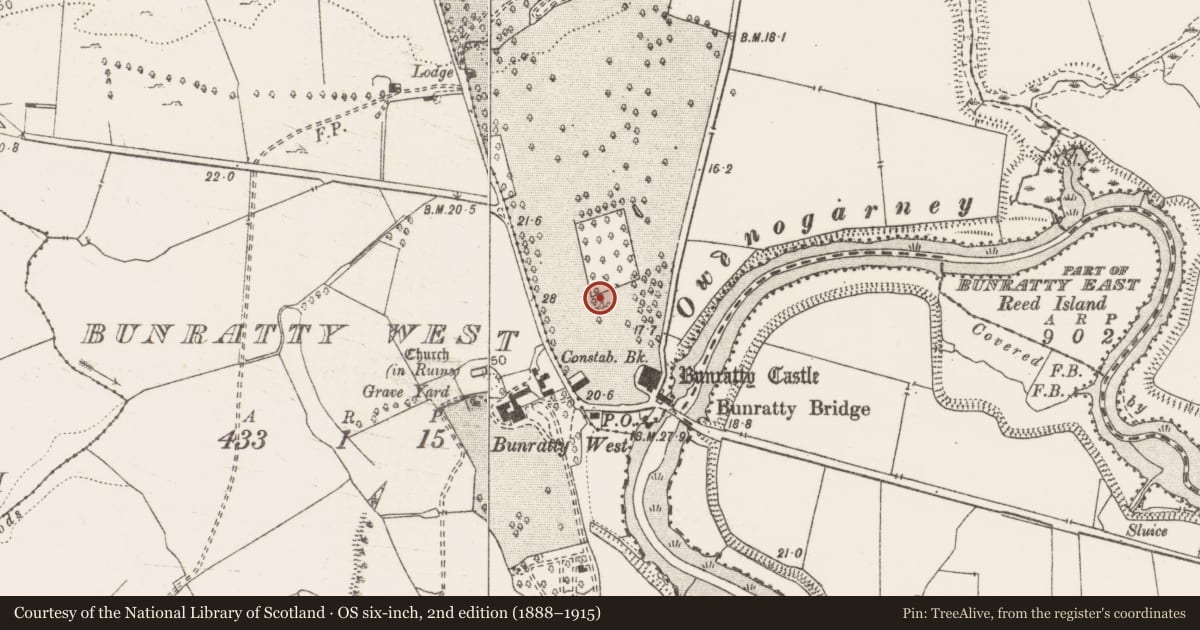 Ordnance Survey six-inch map, 2nd edition (1888–1915) covering the location of House - 16th/17th century, Bunratty East, County Clare, with a pin at the register's coordinates